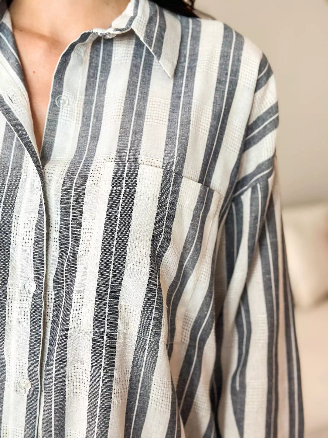 Grey Stripes Button Down Long Shirt